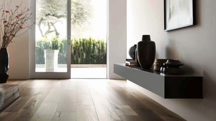 Contemporary Entrance Hall with Minimalist Design, Wooden Floor, and Floating Console Table AI Generated.