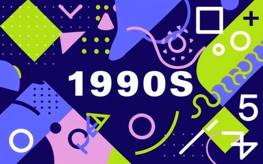 1990s-inspired background with dynamic abstract shapes, reflecting the essence of the decade in vibrant hues of blue, purple, and lime green. 