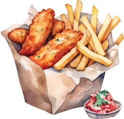French fries and ketchup watercolor Illustration for greeting cards, printing and other design projects.