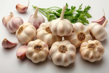 Close-up of fresh garlic bulbs and parsley leaves on a white background.