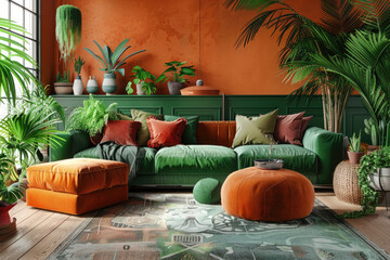 A stylish modern Bohemian living room interior design with green and orange tone colors, many plants