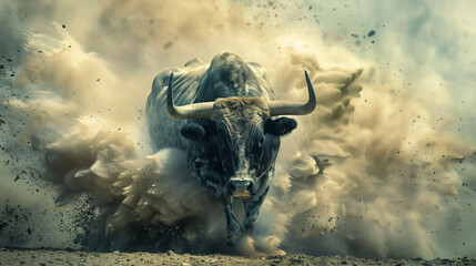 Bull kicking up dust in action.