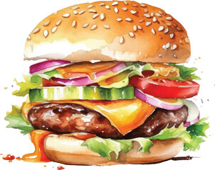hamburger watercolor illustration isolated on white transparent background.