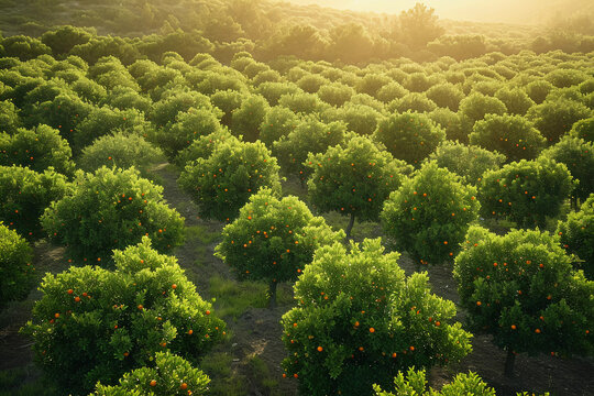 Ripe oranges hang heavy on branches in a lush green garden, their vibrant color a burst of nature's bounty