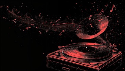 Gramophone and musical notes on a dark background. The concept of music and nostalgia.