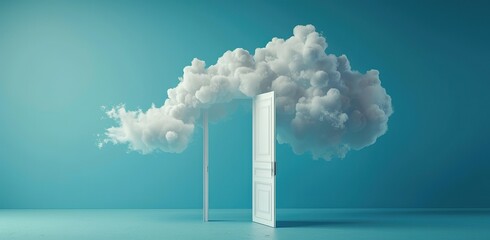 An open door from which a cloud bursts against a blue sky background. The concept of freedom and opportunities. - obrazy, fototapety, plakaty