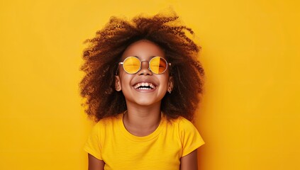 Young dark-skinned girl in a yellow t-shirt with big glasses smiling. The concept of childlike carefreeness and happiness.