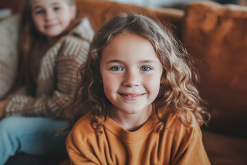 Cheerful young girl with curly hair smiling brightly, with her sibling in soft focus behind her.