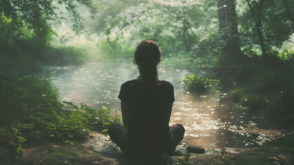 Silhouette of a woman meditating peacefully by a misty stream in a serene forest setting. - obrazy, fototapety, plakaty