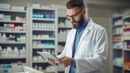 A professional male pharmacist using a digital tablet computer checking stocks of medicines, medicines, vitamins in a pharmacy. Medical customer care, Healthcare, Health and youth products.