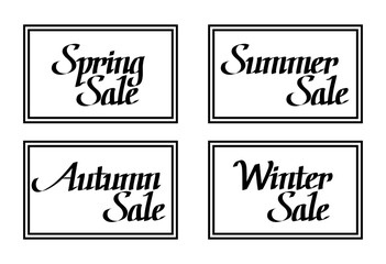季節の売り出し看板。春夏秋冬セールのお知らせ。シンプルなモノクロの文字。