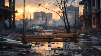 A desolate scene with a rusty swing in the foreground of a devastated urban landscape at sunset.