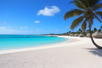 Tropical White Sandy Beach With Palm Trees and Blue Water