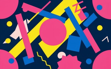 Image that transports viewers back to the 1990s, featuring dynamic abstract shapes and a color palette rich in pink, yellow, and blue. 