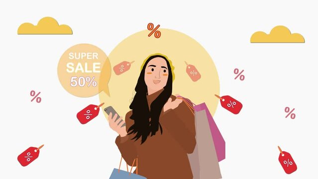 woman shopping with discount animation