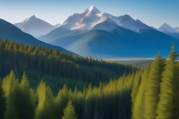 Painting of a Forest With Mountains in the Background