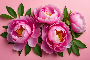Obraz premium Pink Flowers With Green Leaves on a Pink Background