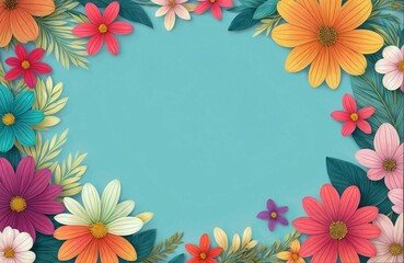 Bright background with frame surrounded by bright flowers and leaves. Generative AI.