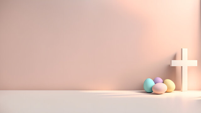 3D Christian Cross Symbol and Easter Eggs on Soft Pastel Background. Customized for Easter Day Banner and Good Friday Contemplation.