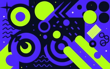 Vibrant 1990s-themed image with dynamic abstract shapes, capturing the essence of the decade in shades of blue, purple, and lime green. 