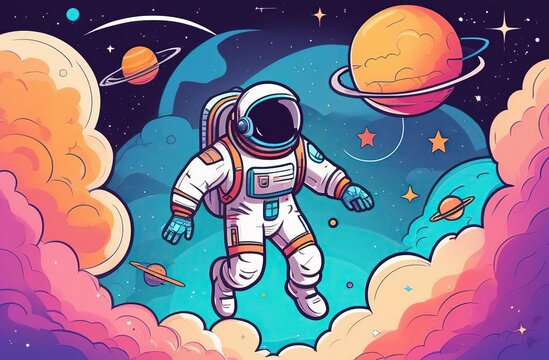 Conceptual creative work featuring a businessman in a spacesuit flying in the skies. Astronomy, art, dreams, astronautics, and the Day of Human Space Flight are all concepts. creative thinking 