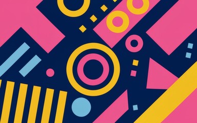 Visual that encapsulates the energetic vibe of the 1990s, featuring dynamic abstract shapes and a color palette rich in blue, pink, and yellow. 