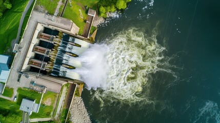 Aerial view of water discharge at hydroelectric power plant dam.