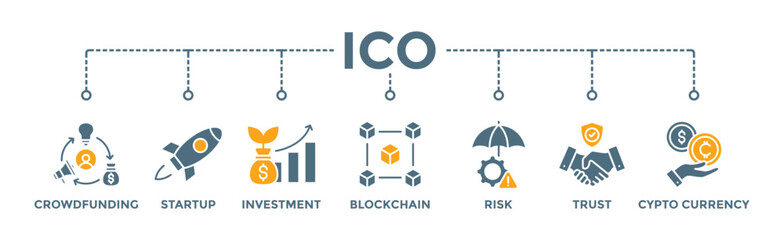 ICO banner web icon vector illustration concept of initial coin offering with icon of crowdfunding, startup, investment, blockchain, risk, trust and cypto currency
