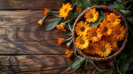 beautiful fresh calendula flowers in a wicker basket on wooden table - obrazy, fototapety, plakaty