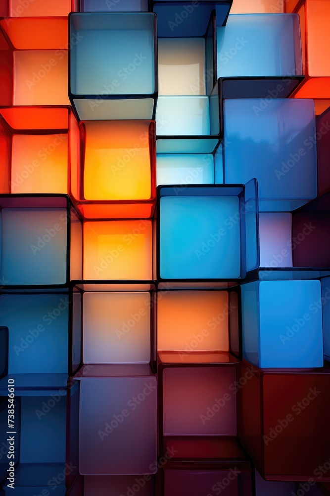 Poster a colorful cube wall with a bright light shining through. generative ai.