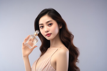 beautiful girl holding a perfume bottle isolated on white background, advertising banner