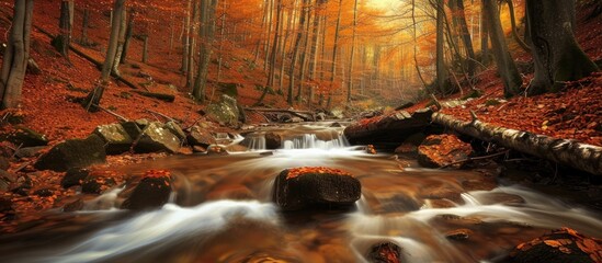 Flowing brook in the autumn forest.