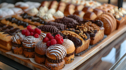 A bakery case filled with a variety of breads and pastries.