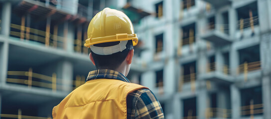A back shot of a construction worker, wearing a hard helmet, looking into the construction site in the background.