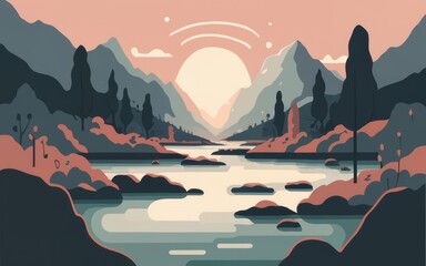 A serene river landscape with minimalistic design, emphasizing clean lines and muted colors for a calming nature-inspired backdrop. - obrazy, fototapety, plakaty