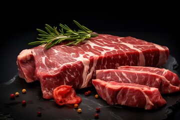 Raw meat, beef steak on black background, side view