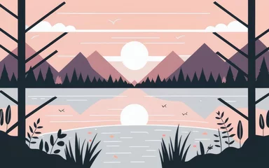 Gartenposter Berge A tranquil lake scene with minimalistic design, using clean lines and neutral tones for a calming nature-inspired background.