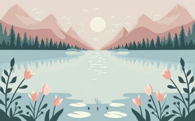 A tranquil lake scene with minimalistic design, using clean lines and neutral tones for a calming nature-inspired background.