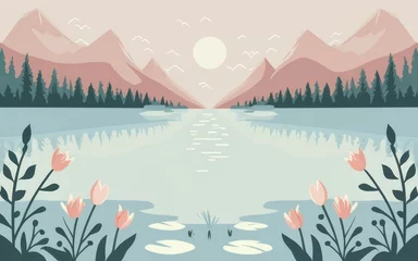Papier Peint photo Montagnes A tranquil lake scene with minimalistic design, using clean lines and neutral tones for a calming nature-inspired background.