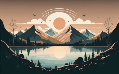 A tranquil mountain lake scene with minimalistic design, using sleek lines and muted colors for a calming atmosphere.