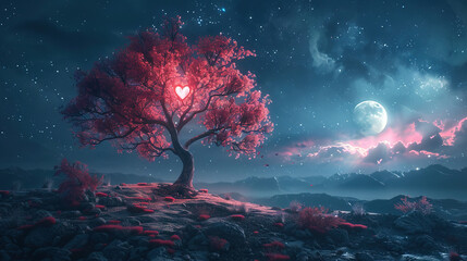 A tree on the background of the moon with a heart