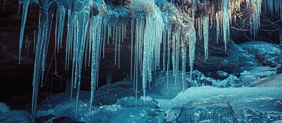 Nature forms stunning ice creations in winter with illuminated icicles hanging from the bottom of rocks, shining under the sunlight as trickling water freezes.