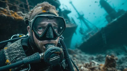 Papier Peint photo Naufrage Scuba diver explores a shipwreck teeming with fish in the deep blue sea