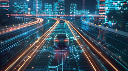 A digital representation of an autonomous vehicle navigating through a vibrant smart city's illuminated network pathways.