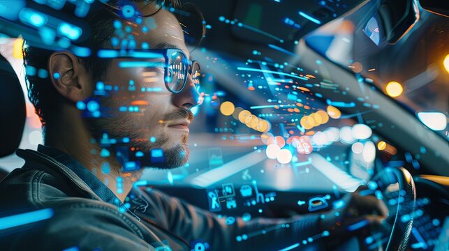 Close-up of a man with glasses experiencing a futuristic augmented reality car interface with holographic data projections.