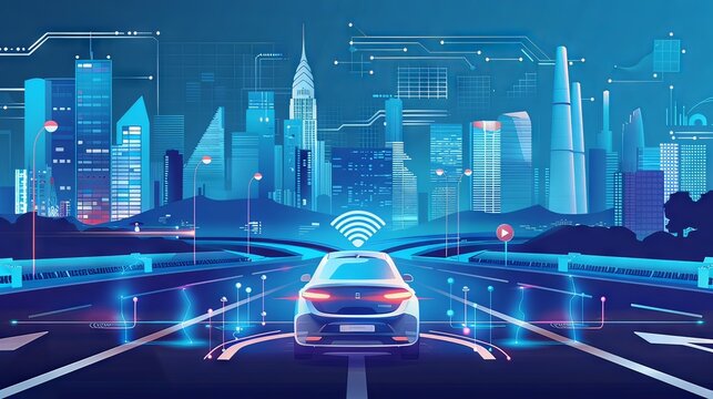 Illustration of a smart car with wireless connectivity features driving through an interactive networked cityscape.
