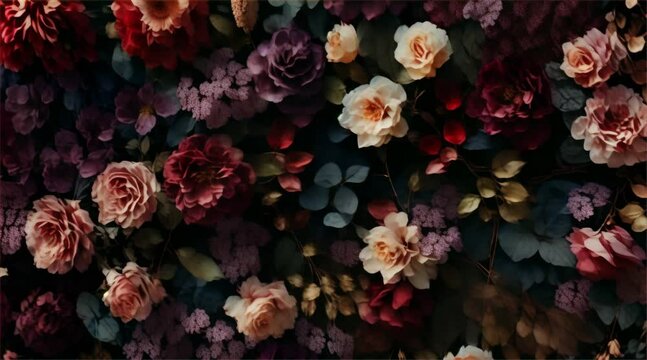 flower wall close up with fresh roses, peonies, ranunculuses, pampas grass, dark moody colors