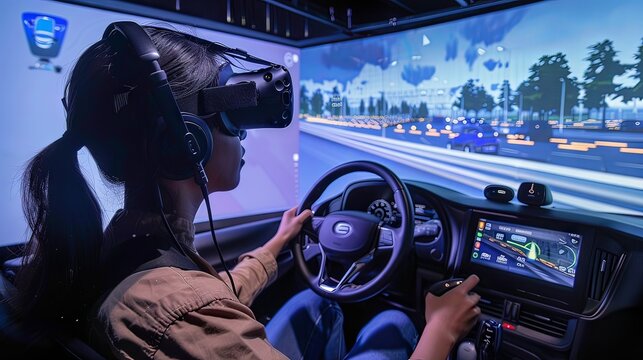 A woman is immersed in a high-fidelity virtual reality driving simulator, using advanced equipment to simulate a real driving scenario.