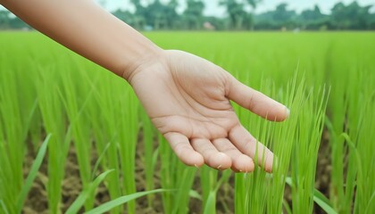 Fototapeta premium Female hand touching rice in a paddy rice field and smart farming icons technology. Innovation Agricultural technology, Modern agriculture, Smart farming system concept.