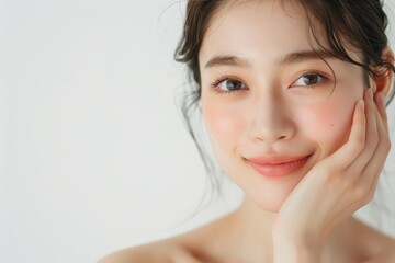 顔に手をあてる肌の綺麗な日本人女性（アジア人・白背景・背景なし）	